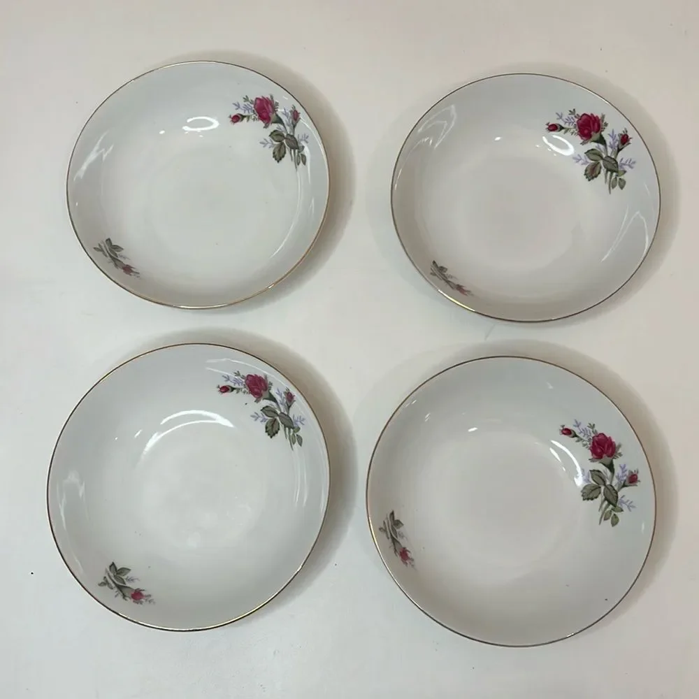 Tea Rose Fine China Vintage Fuschia Pink Gold Trim Set Of 4 Bowls 6 1/4 In Round